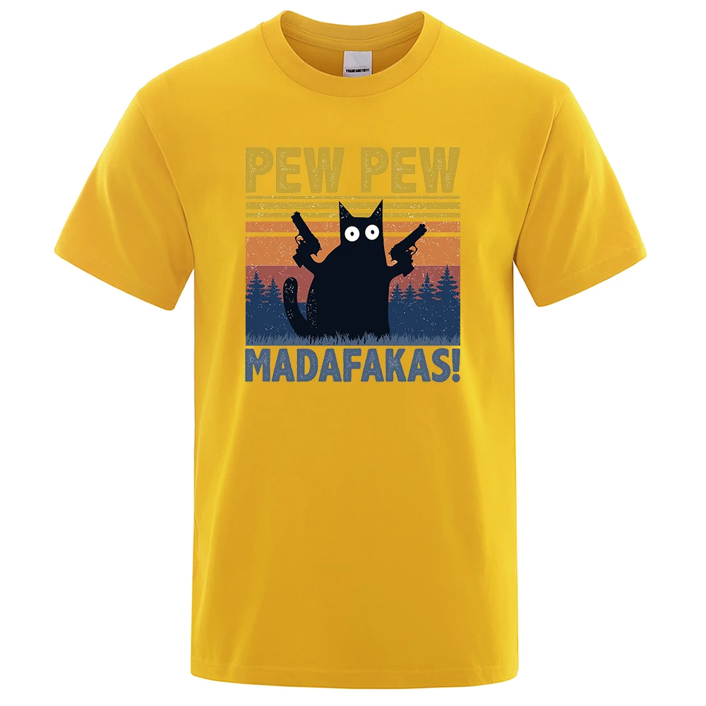 Color: Yellow, Size: M - Pew Pew Madafakas Tshirt Men Short Sleeve Novelty Funny Cat T Shirt Cotton Oversize Tops Shirts Tee T-Shirt Crew Neck Streetwear