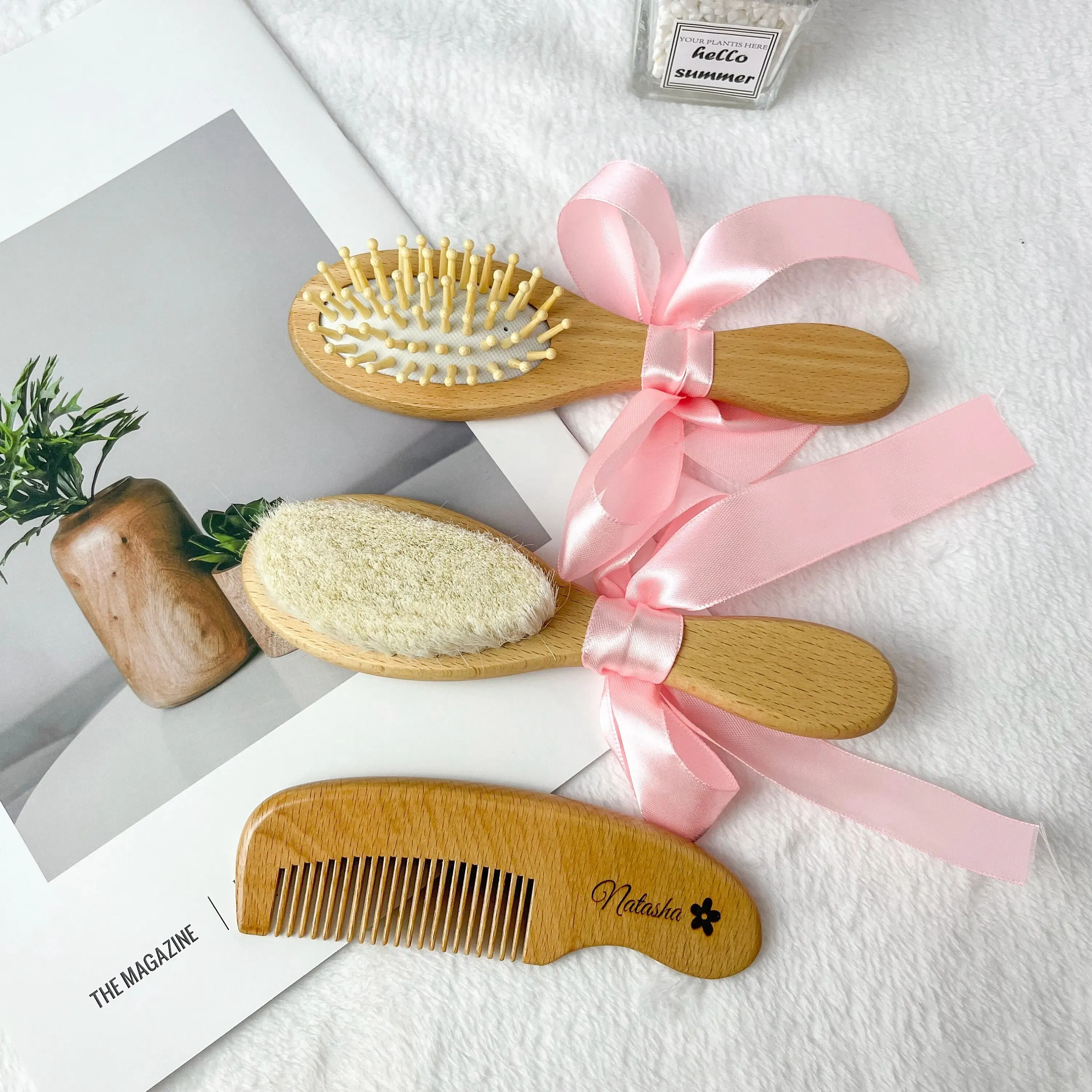 Color: MINT GREEN - Personalized Baby Care Hair Brush Pure Natural Wool Wood Comb,Engraved Newborn Massager Baby Shower and Registry Gift