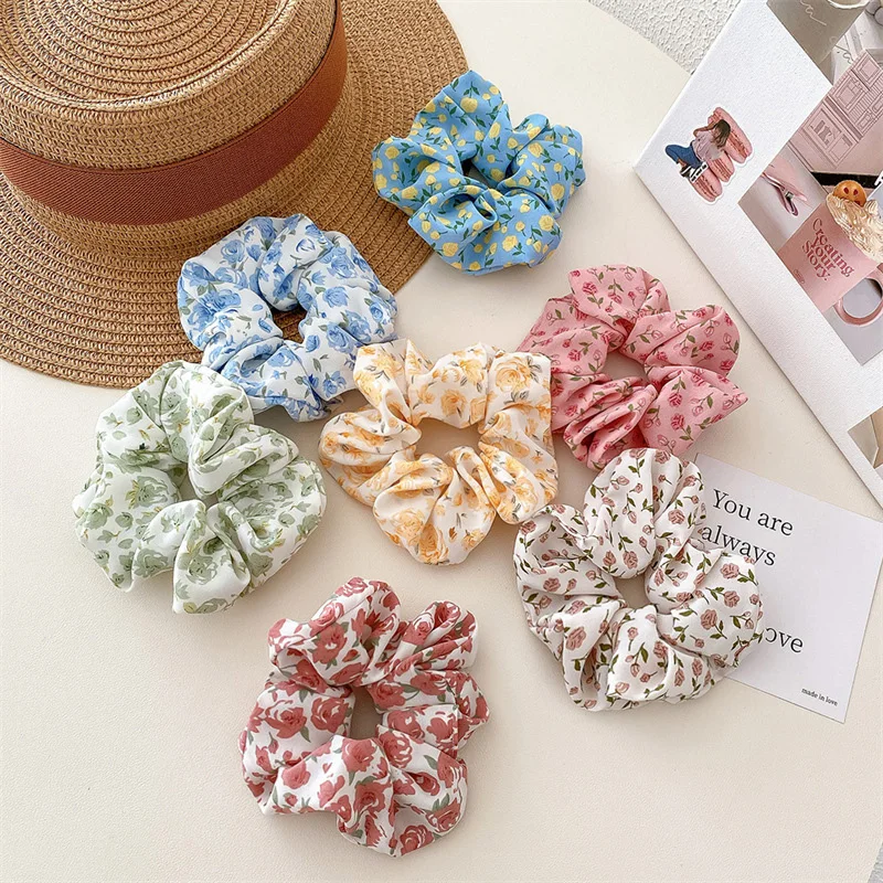 Color: Green - Gentle Sweet Women Floral Hair Ties Scrunchies Tulip Rose Flower Hair Rope Summer Ponytail Holder Rubber Band Hair Accessories