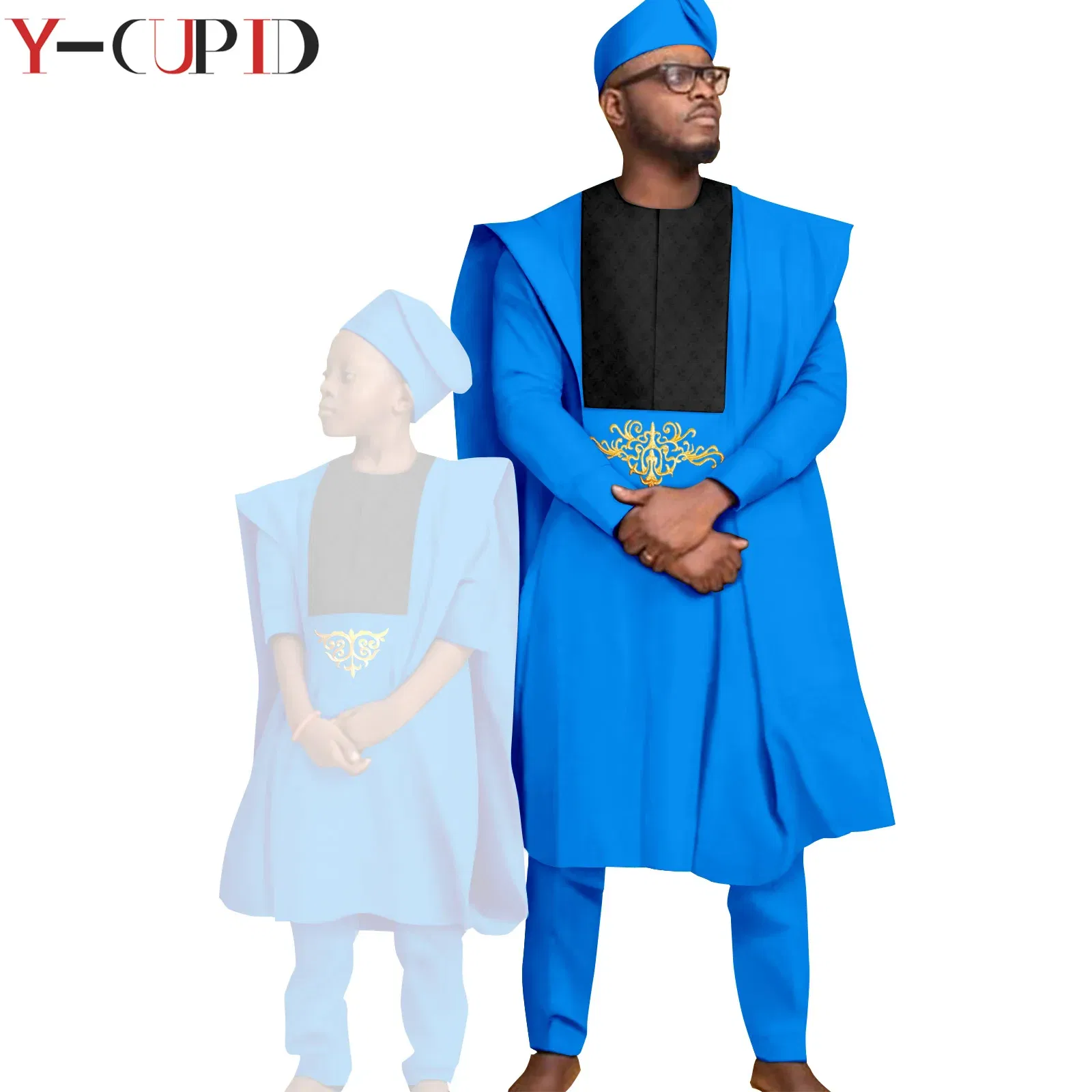 Color: MULTI, Size: XL - African Clothes for Men Top Pants Robes Hat Sets Match Kid Boy Sets Dashiki Father and Son Bazin Riche Family Outfits Y20F001