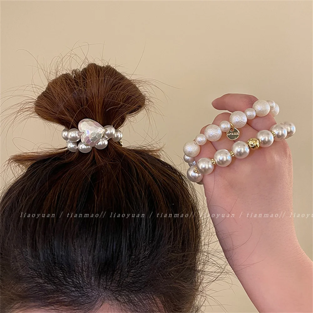 Color: GRAY - Exquisite Pearl Beaded Hair Ties Bracelet Sweet Ponytail Braid Hair Rope for Women Girl Fashion Headwear Hair Accessories Gift