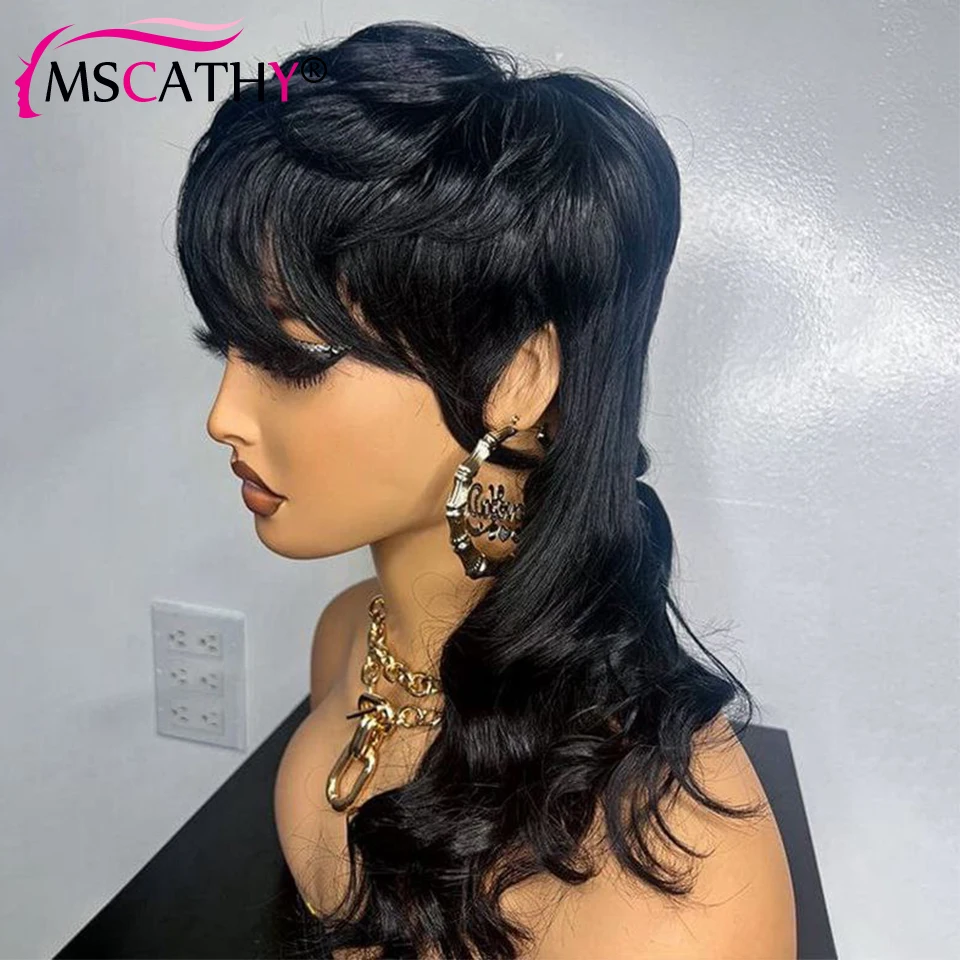 Hair Color: LYD1B/99J, Stretched Length: 6inches, Density: 150% - Full Machine Made Dovetail Human Hair Wigs Body Wave Short Pixie Cut Wig With Bangs Glueless Brazilian Remy Hair Wigs For Women