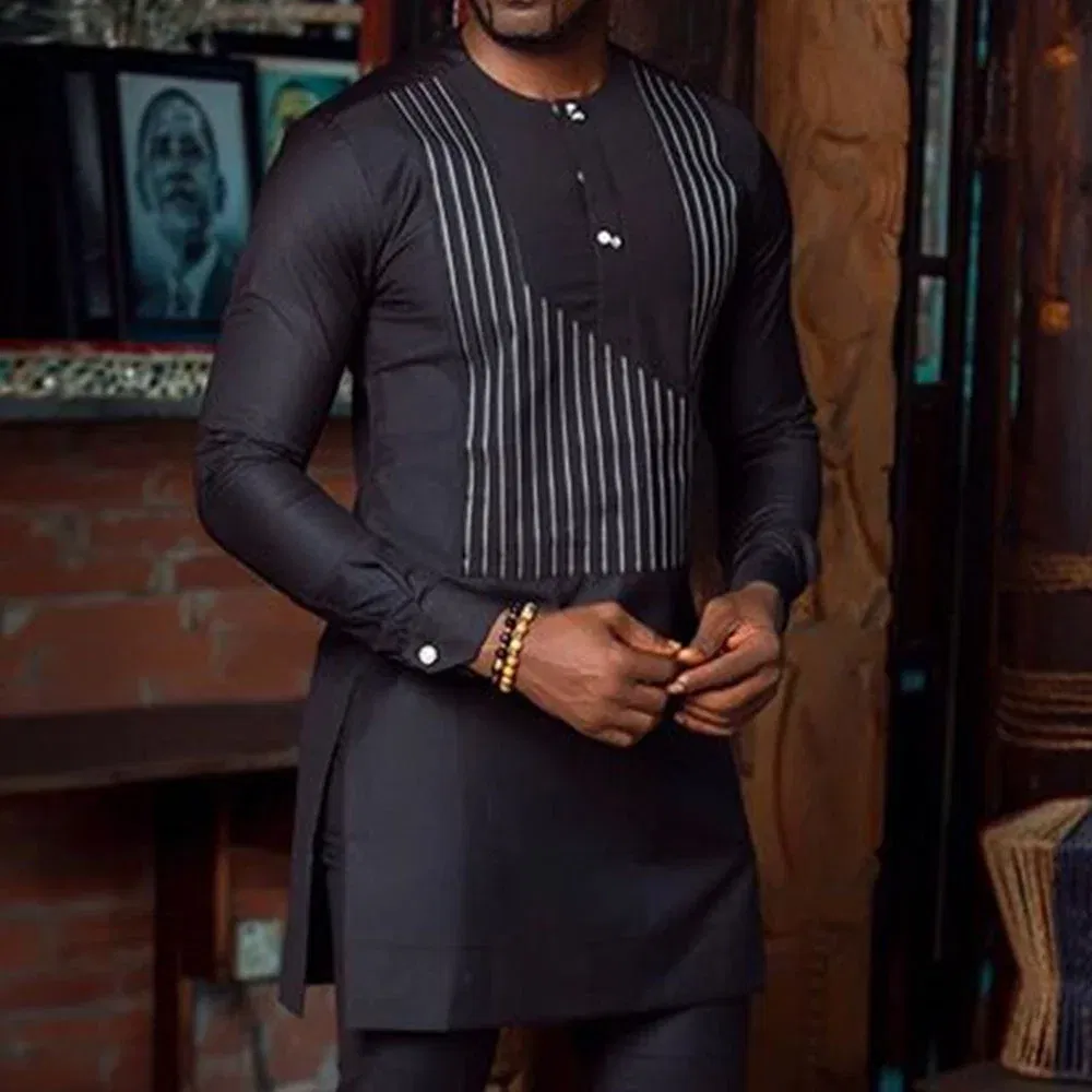 New Dashiki Men's Set Grey Round Neck Long Sleeve Luxury Brand Men's Suit Casual Slim Fit Men's Set Wedding Evening Suit