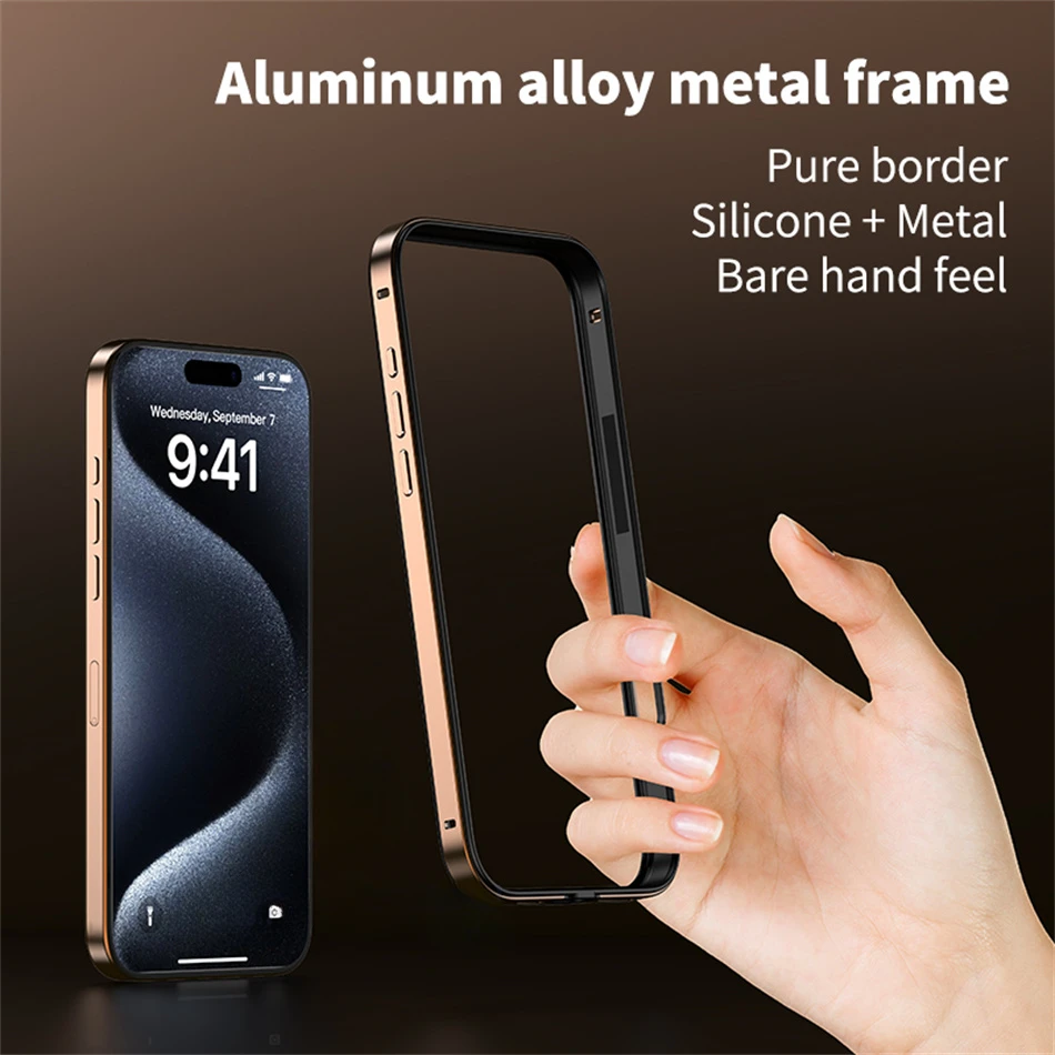 Color: Beige, Material: Cotton - Titanium Metal Frame Bumper Shockproof Case for IPhone 16 15 Pro Max Plus 5G for Apple Solid Colour Protection Phone Cover