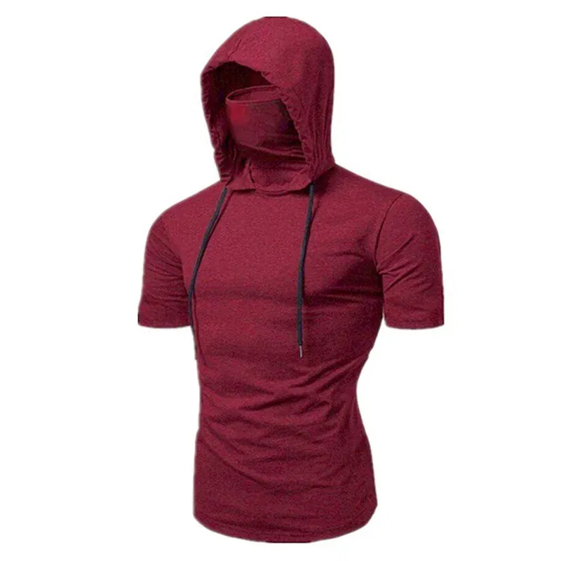 Color: Red, Size: XL - Mens Gym Thin Hoodie Short Sleeve Hoodies With Mask Sweatshirt Casual Splice Large Mask Hoodie Sweatshirt Hooded Tops Cycling