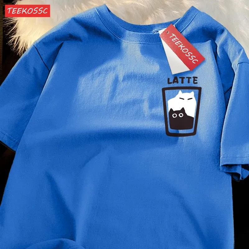 Color: Champagne, Size: M - Mocha Latte Couple Outfit Cat Coffee Couple Male T-Shirts Graphic Cool Tee Shirt High-Quality Oversized Tshirt Comfort Soft