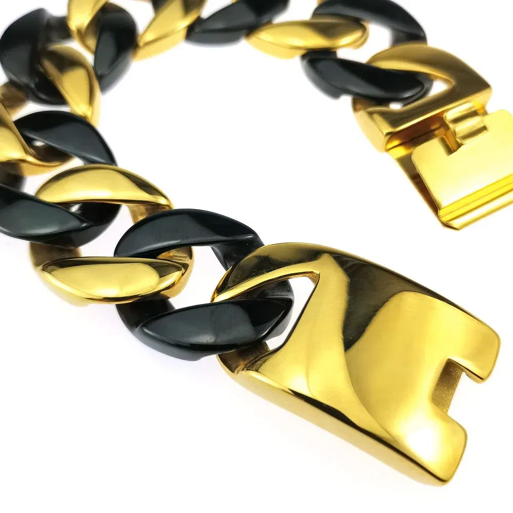 Length: 50cm, Main Stone Color: GRAY - 316L Stainless Steel  and Black Tone Curb 24mm Solid Heavy Long Necklace + Bracelet Jewelry