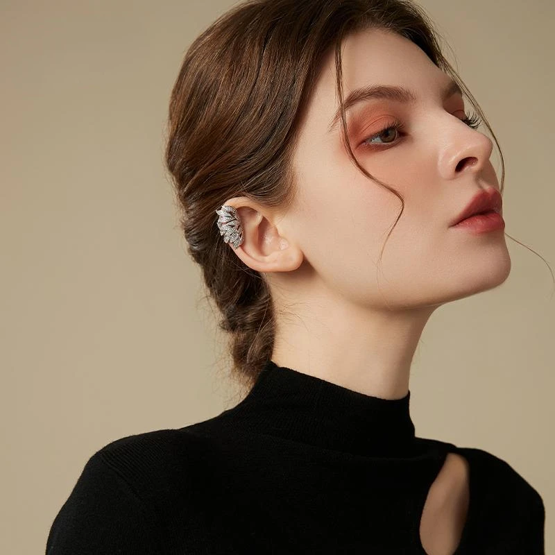 Metal Color: Gold-color - Gold Silver Color Metal Leaves Ear Clips Without Piercing For Women Sparkling Zircon Ear Cuff Clip Earrings Wedding Jewelry