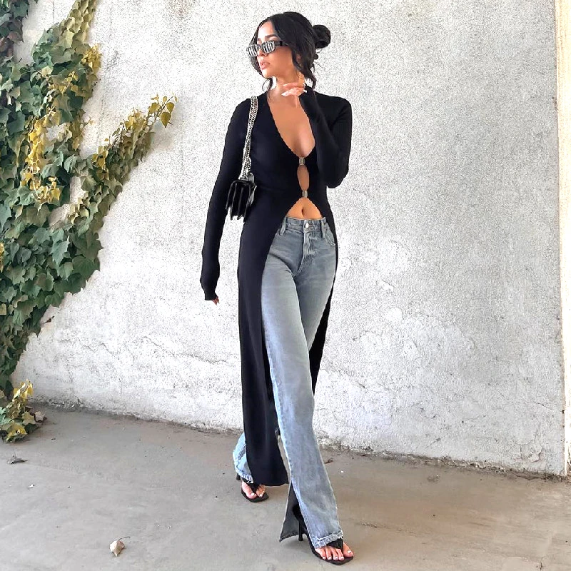 Color: black, Size: L - WhereMery Sexy Hollow Out Long Sleeve Maxi T Shirt Women V Neck Low Cut Metal Button Black Top Streetwear Cusual Lady Tops Tees
