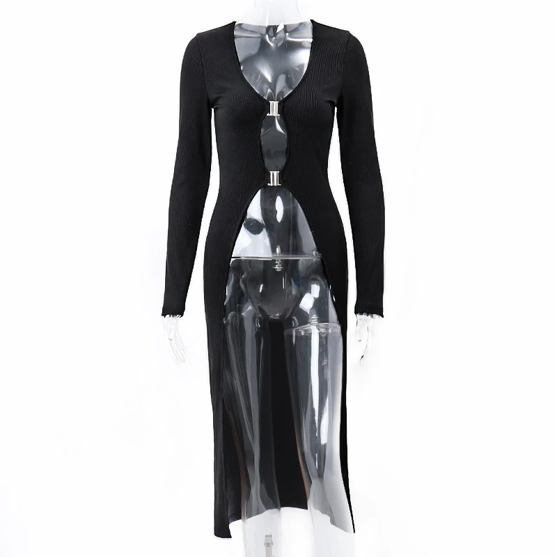 Color: black, Size: L - WhereMery Sexy Hollow Out Long Sleeve Maxi T Shirt Women V Neck Low Cut Metal Button Black Top Streetwear Cusual Lady Tops Tees