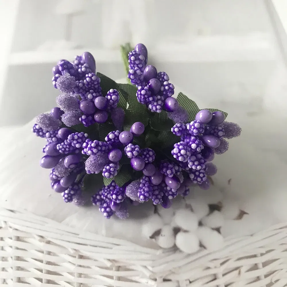 Color: Sky blue - 12PCS/lot Artificial Flower Small Berries Stamen Wire Stem/marriage Leaves DIY Wreath Wedding Scrapbooking Box Decoration Craft