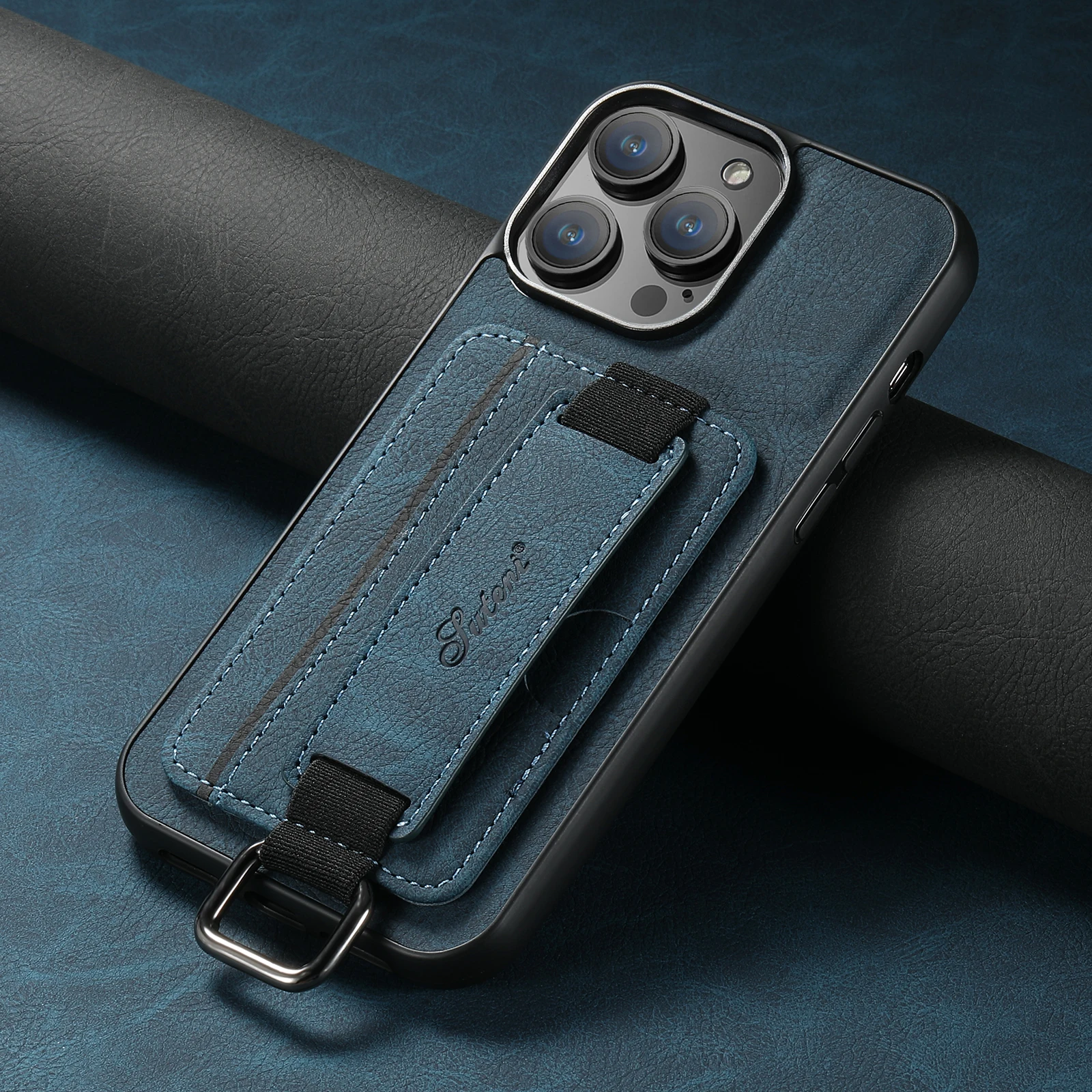Color: Blue, Material: PP - SUTENI Lychee skin print wrist strap card phone case Card holder for iPhone 16 ProMax 15 Plus 14 13 12 11 XR XS Black/blue/brown