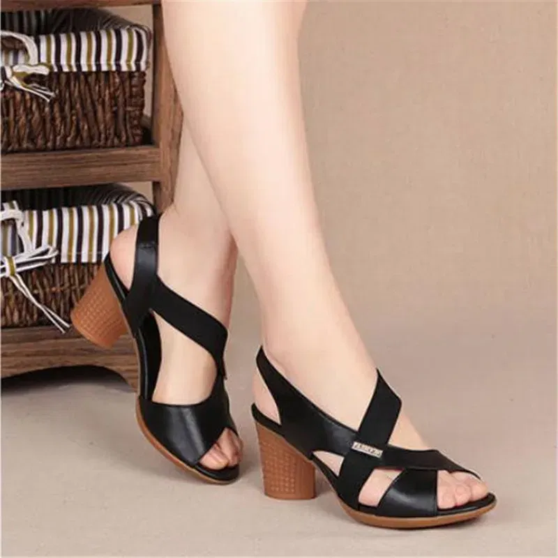 Color: black, Shoe Size: 39 - New Mid-heel Sandals Women Summer Shoes Comfortable High Heels Thick Heel Peep Toe Non-slip Soft Bottom Mother Shoes Slip-On