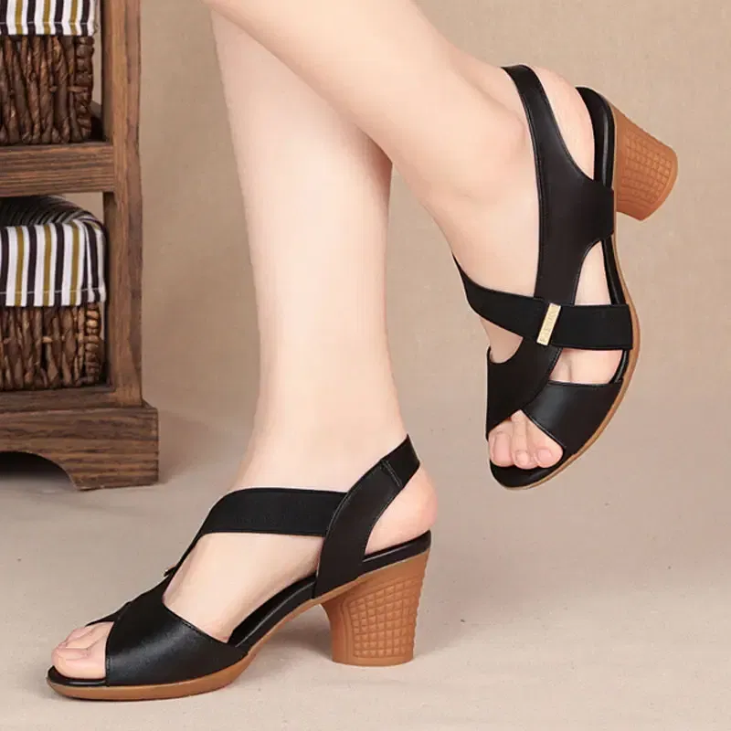 Color: black, Shoe Size: 39 - New Mid-heel Sandals Women Summer Shoes Comfortable High Heels Thick Heel Peep Toe Non-slip Soft Bottom Mother Shoes Slip-On