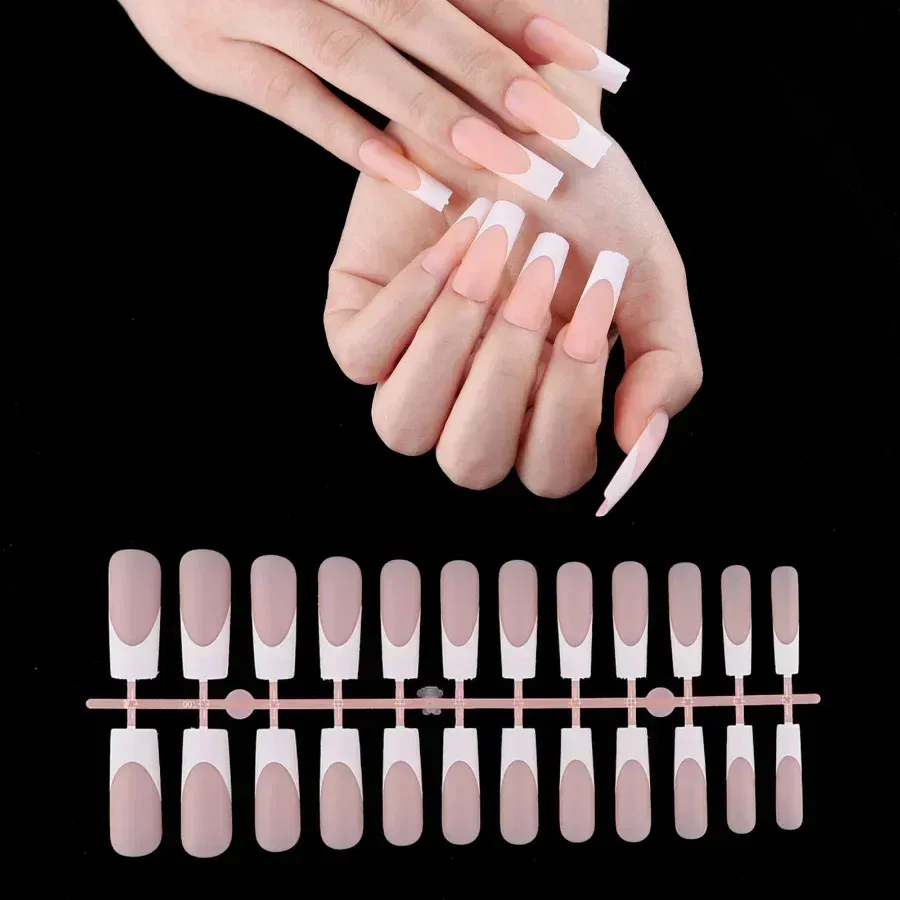 Color: Yellow - 24Pcs/bag French False Nails Frosted Press on Fake Nail Tips Full Cover Artificial Fingernails Ballet Detachable