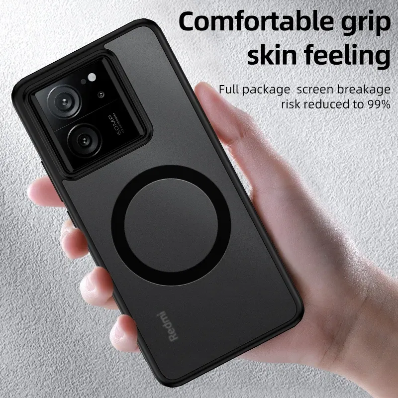 Color: black, Material: aluminum - Matte & Clear Magnetic Wireless Charging Armor Magsafe Case For Xiaomi 14 13T Mi 13T 14 Mi13T Pro Military Shockproof Back Cover