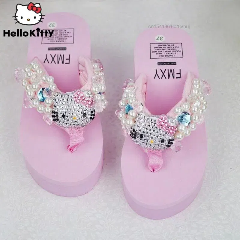 Color: Beige, Shoe Size: 41 - Sanrio Hello Kitty Soft Flip Flop Sandals Y2k Beach Slides Shoes Women Kawaii Casual Wedge High Heels Platform Slippers Ladies
