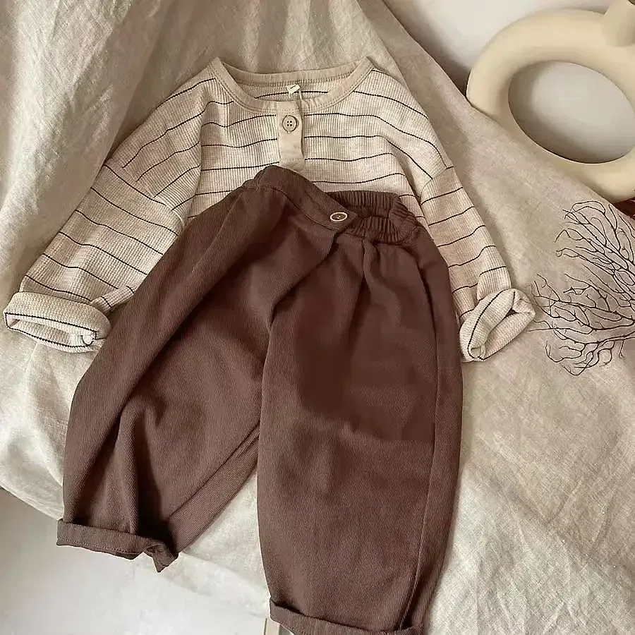 Color: green, Kid Size: 6 - Korean Children's Striped T-shirt 2024 Spring Boys and Girls' Long Sleeve T-shirt Bottom Shirt Baby Loose Top