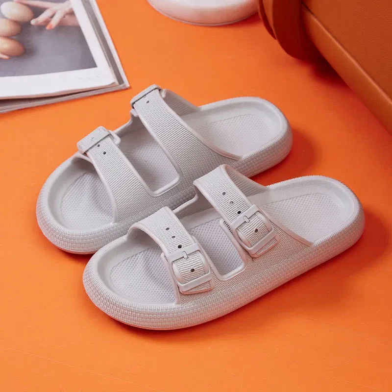 Color: GRAY, Shoe Size: 42-43 - Fashion Buckle Thick Platform Slippers Women Home Soft Sole eva Cloud Slides Sandals Woman 2025 Summer Non Slip Beach Flip Flops