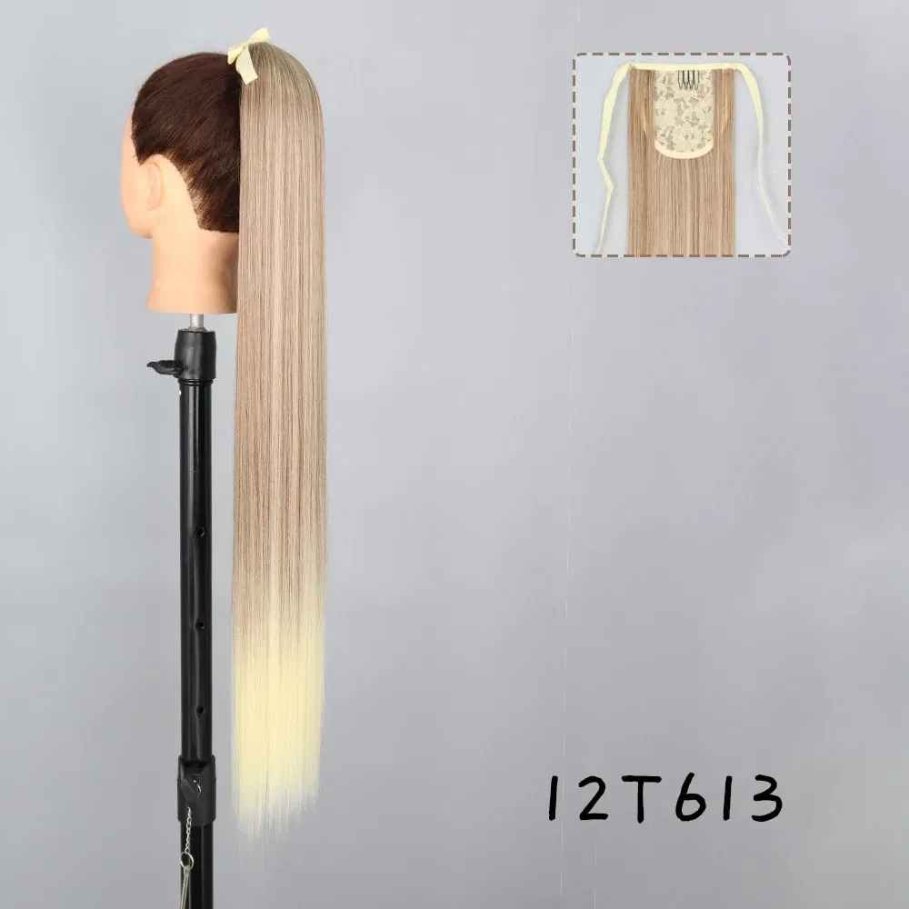 Color: #2, Stretched Length: 22inches - AZQUEEN Straight Synthetic Hairpiece With Ponytail 85cm Super Long Wrap Around Clip In Hair Extensions Pony Tail For Daily Wear