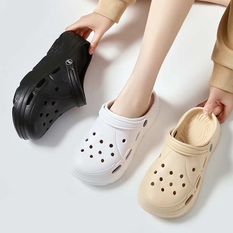 Shoe Size: 40-41, Color: Khaki - 2025 Summer Thick Platform Clogs Slippers Women Breathable Hollow Out Garden Sandals Woman Lightweight Non Slip Beach Sandles