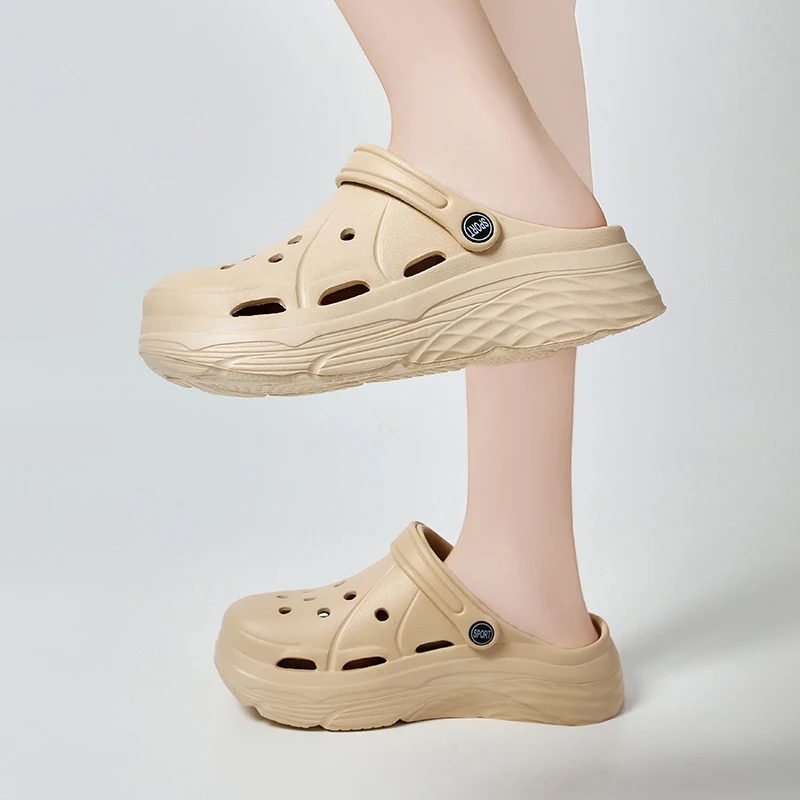 Shoe Size: 40-41, Color: Khaki - 2025 Summer Thick Platform Clogs Slippers Women Breathable Hollow Out Garden Sandals Woman Lightweight Non Slip Beach Sandles