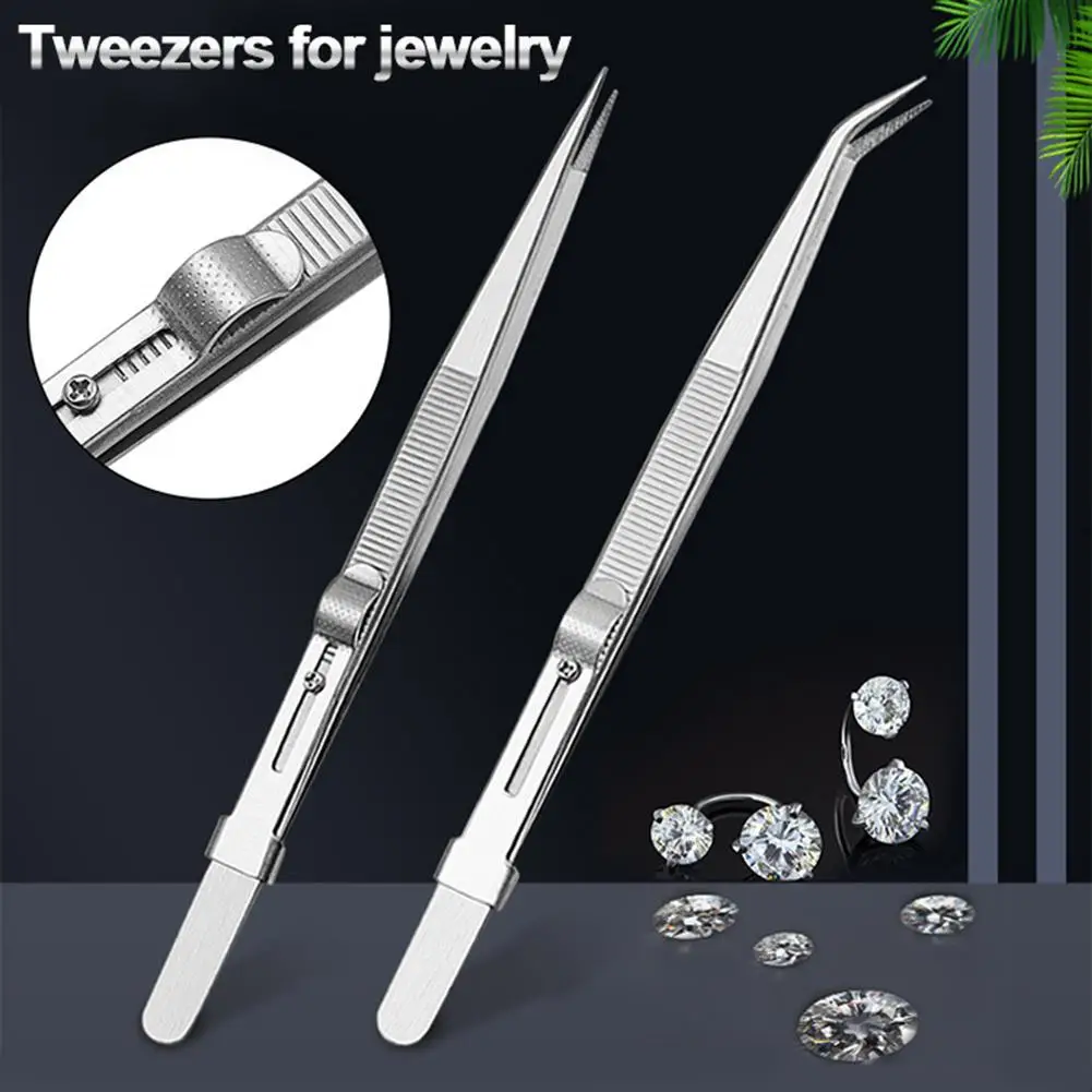 Color: Rose Gold - Jewelry Stainless Steel Tweezers Professional Adjustable Slide lock Antistatic Tweezers For Diy Diamond Gem Repair Tools