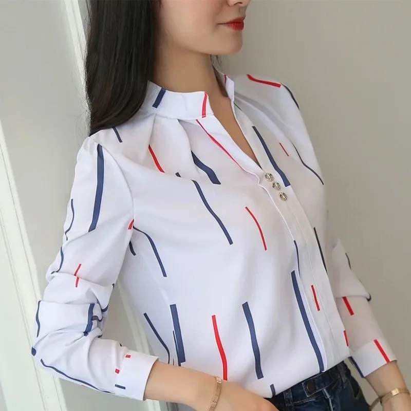 Color: Beige, Size: XL - Women White Tops Blouses Fashion Stripe Print Casual Long Sleeve Office Lady OL Shirts Slim Blusas DF4970