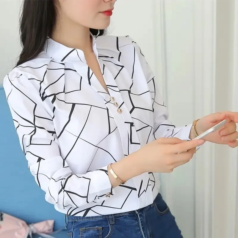 Color: Beige, Size: XL - Women White Tops Blouses Fashion Stripe Print Casual Long Sleeve Office Lady OL Shirts Slim Blusas DF4970