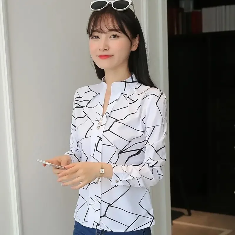 Color: Beige, Size: XL - Women White Tops Blouses Fashion Stripe Print Casual Long Sleeve Office Lady OL Shirts Slim Blusas DF4970
