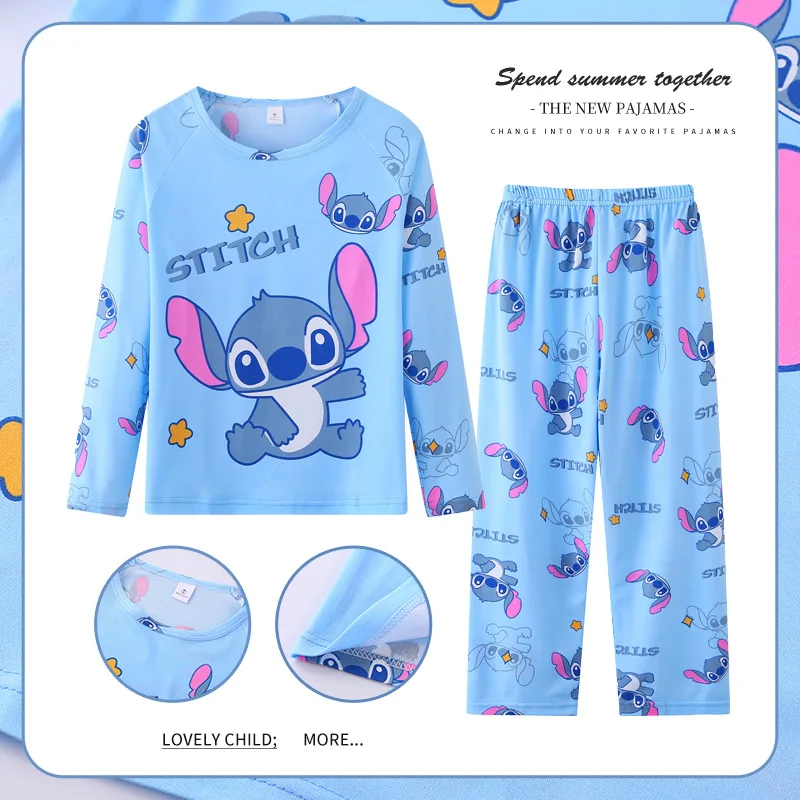 Color: Beige, Kid Size: 4T - 2pcs/set New Disney Stitch Children Pyjamas for Boys and Girls Sets Kid Minnie Home Wear Travel Casual Sleepwear Suit Cute Gift