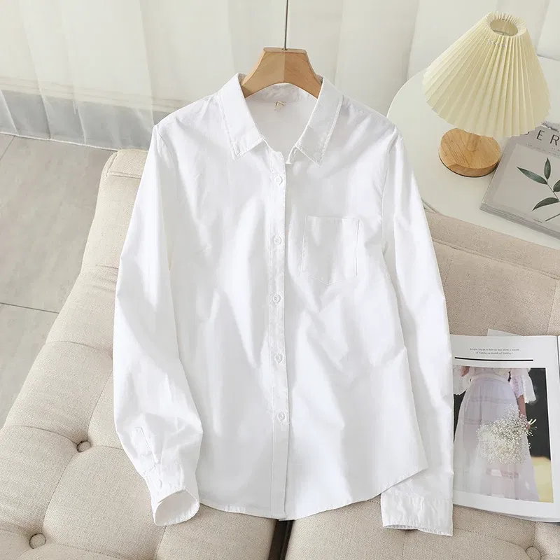 Color: SKY BLUE, Size: L - Women's Casual Cotton Oxford Shirt 2023 New Woman Striped Blouse and Tops Simple Solid Lady White Blue Shirts Clothes