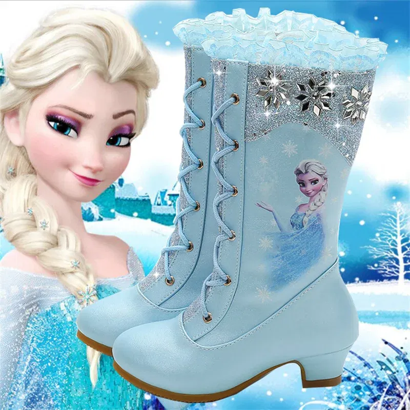 Color: Blue, Shoe Size: 19 - Disney Girls' Leather Boots Winter Frozen Boots Side Zipper High Plush Princess Elsa Boots Warm Children's Boots Size 27-37