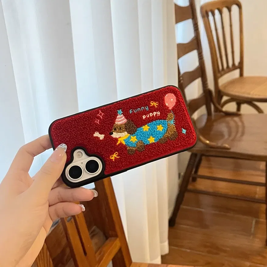 Color: Blue, Material: Wood - Luxury Cartoon Embroidery Cute Dog Cats Colorful Dots Phone Case For iPhone 13 14 15 16 Pro Max Plush Winter Shockproof Cover