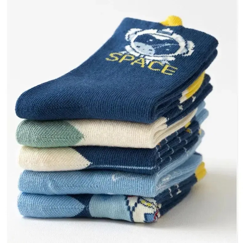 Color: Blue, Size: 4-6T - 5 Pairs Socks Boys' Cartoon Astronaut Pattern Cotton Socks Children's Spring Autumn Calf Socks Baby Girls Socks