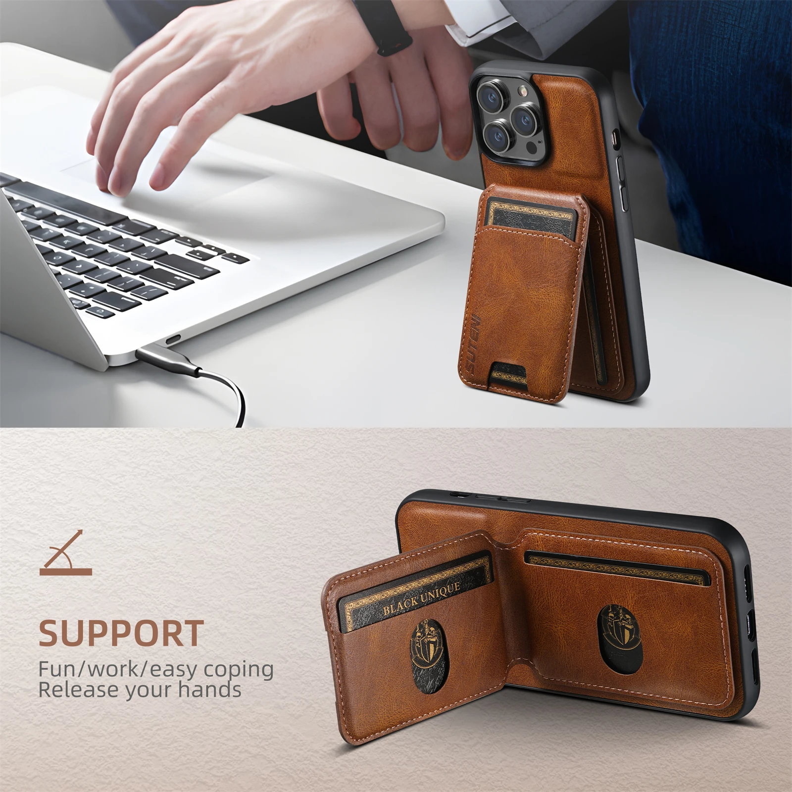 Color: Coffee, Material: PE - SUTENI Card Holder Leather Magnetic Pocket Cover Wallet Phone Case For iPhone X XS XR 11 12 13 14 15 Pro Max Plus