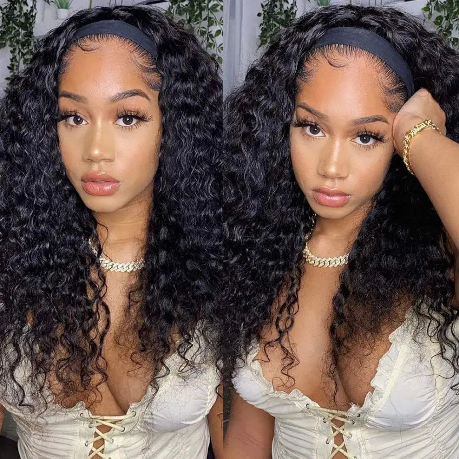 Stretched Length: 18inches, Density: 180% - Deep Wave Headband Wig Indian Human Hair Full Machine Made Wigs 200 Density For Women Easy Go Water Scarf Wigs 12-24 Inch Wig