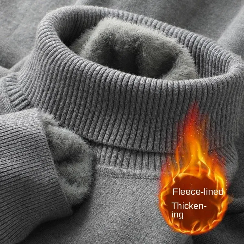 Color: black, Size: XL - Autumn Winter Men's Turtleneck Sweater Knitted Velvet Warm Long Sleeve Pullover Outdoor Cold-proof Casual Blouse Base Sweater