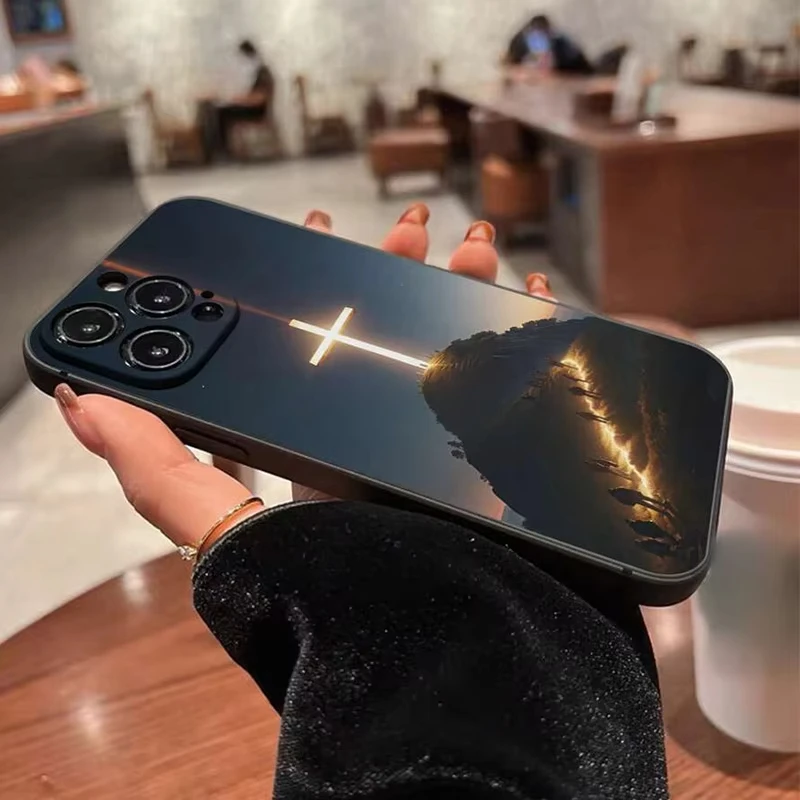 Color: SKY BLUE, Compatible-Phone Models: For iPhone 16 Pro Max - Jesus Cross Painted Phone Case For iPhone 16 15 14 13 12 11 Pro Max XS X XR 7 8 Plus Mini SE 2020 2022
