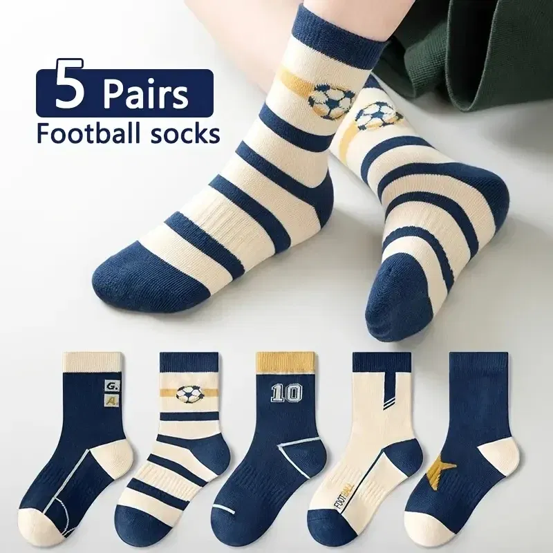 Color: black, Size: 10-12T - 5 Pairs Children's Socks Spring Autumn Socks Kids Boys Cotton Socks Baby Letter Pattern Mid Calf Sock