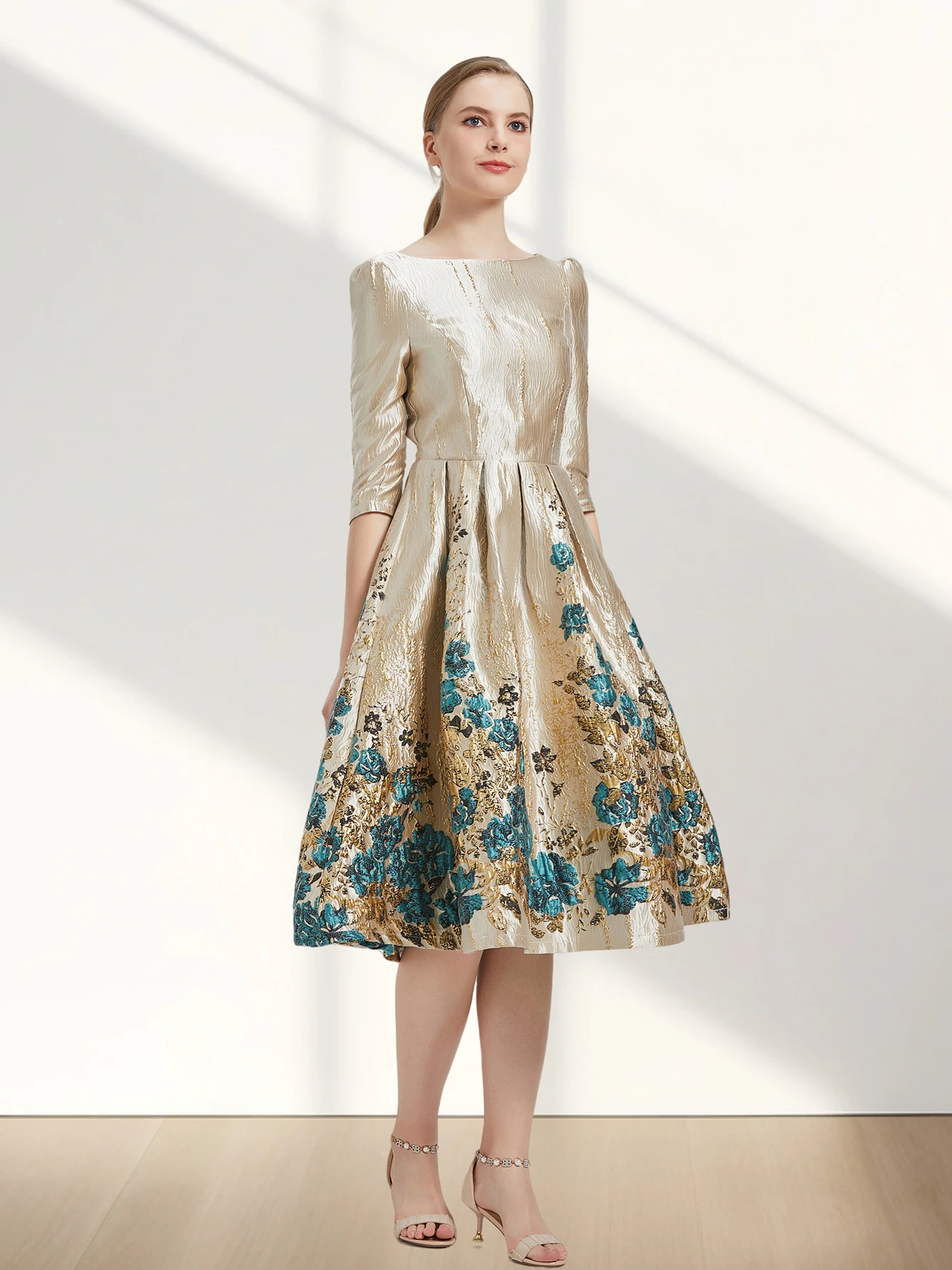 Color: Beige, Size: 2XL - Women Luxury Floral Jacquard Dress 2024 New Fashion Sleeve Party Long Brocade Elegant Casual Girls Evening Clothing