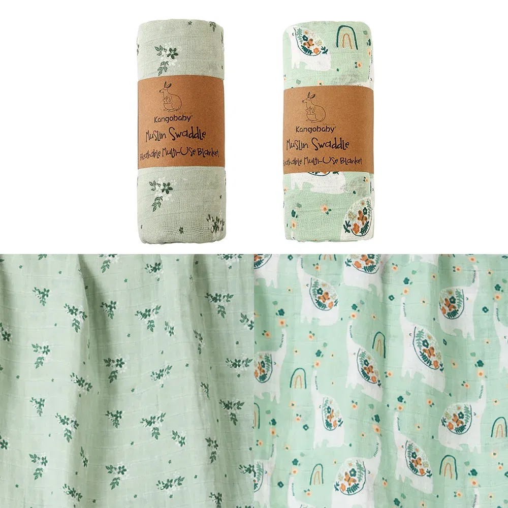 Color: light green - Kangobaby New Design 2pcs Set Double Layers 100% Cotton Newborn Baby Muslin Swaddle Blanket