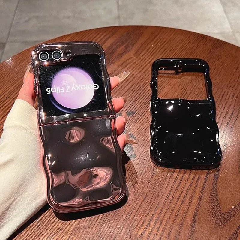 Color: SKY BLUE, Material: aluminum - Cartoon Stone Pattern Gloss Wave Case for Samsung Galaxy Z Flip 6 5 flip6 Plating Meteorite Soft TPU Shockproof Ins Korean Cover