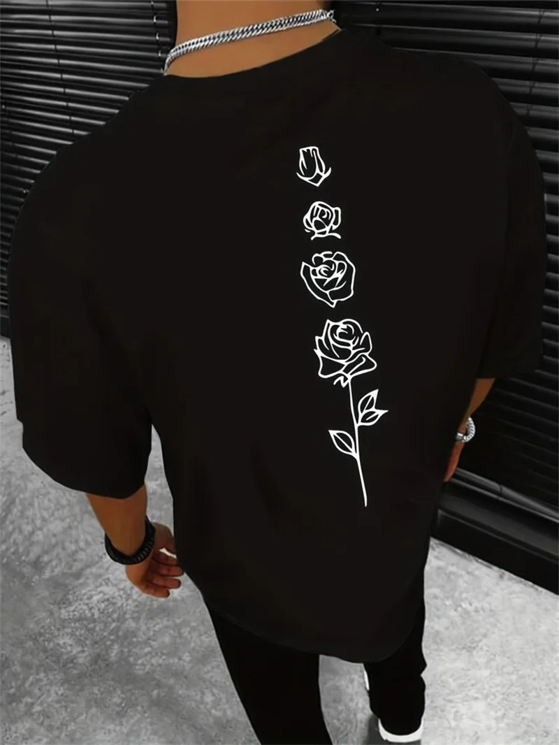 Color: black, Size: S - Men's Summer Loose Fit  100 Cotton Rose pattern Print T-shirt Tops