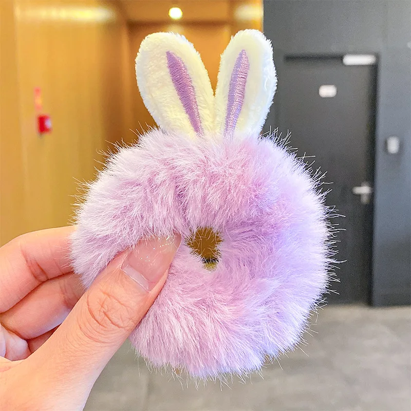 Color: Light purple - Korean Plush Rabbit Ear Hair Scrunshies Autumn Winter Candy Color Cute Horsetail Ball Hair Rope High Elastic Rubber Band Girl