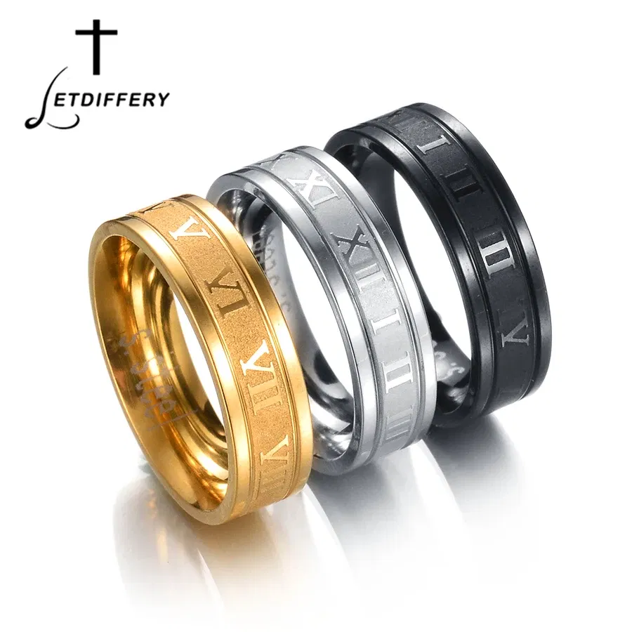 Main Stone Color: Green, Ring Size: 12 and greater - Letdiffery 6mm Punk Roman Numerals Rings High Quality Stainless Steel Women Men Jewelry For Wholesale Dropshipping