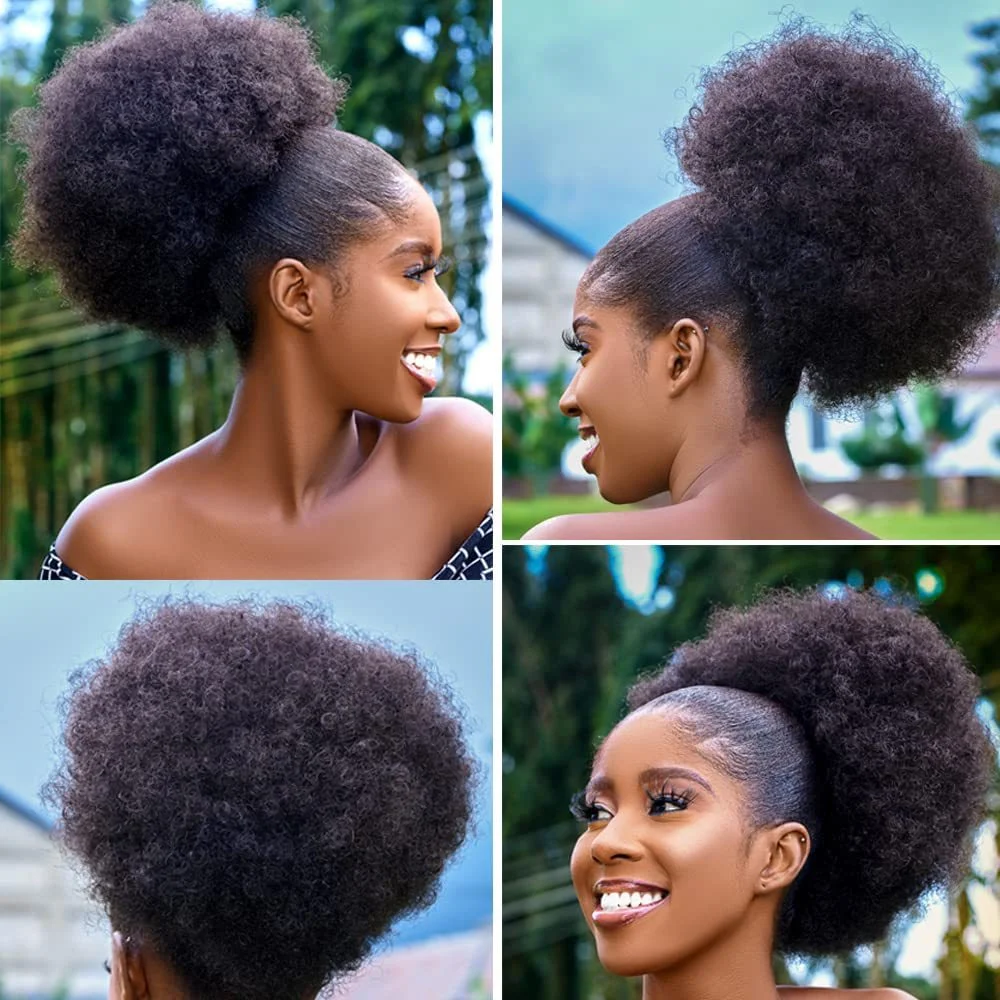 Color: T27/30/4 - Synthetic Big Afro Puff Drawstring Ponytail Extensions for Black Women 10Inch Kinky Curly Hair Bun Ponytail Wigs Daily Use