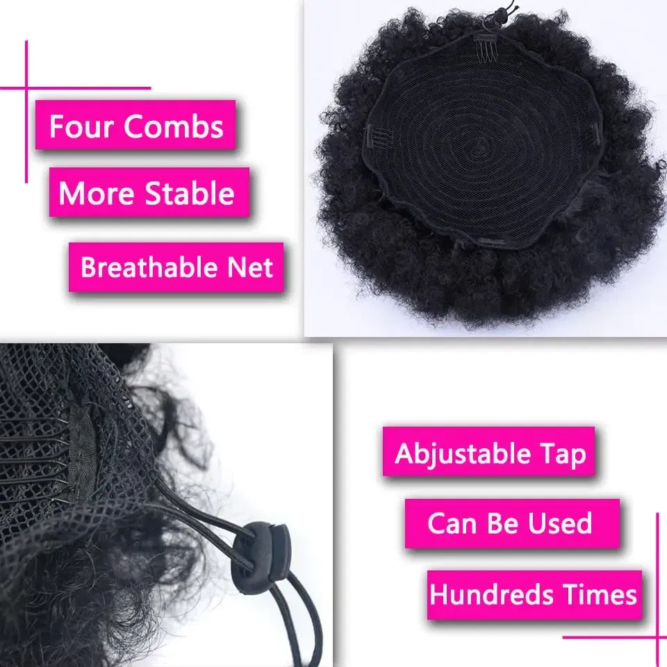 Color: T27/30/4 - Synthetic Big Afro Puff Drawstring Ponytail Extensions for Black Women 10Inch Kinky Curly Hair Bun Ponytail Wigs Daily Use