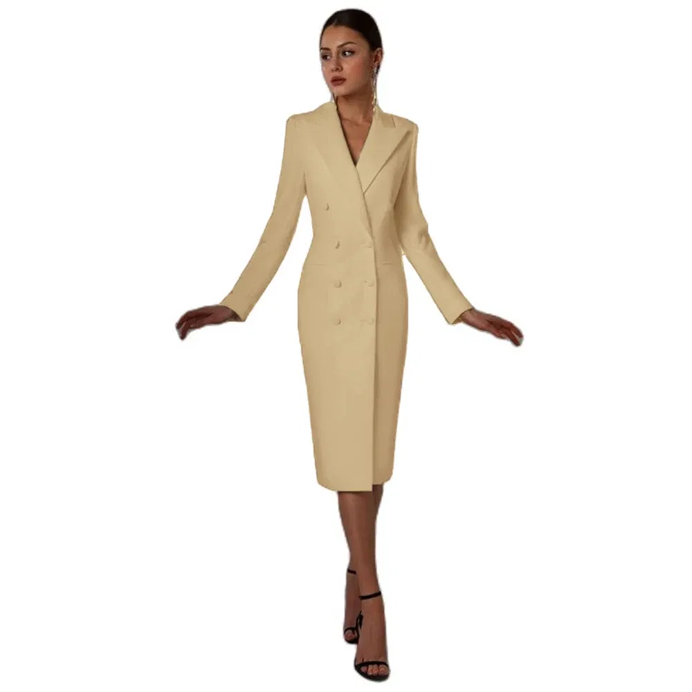 Color: Champagne, Size: M - Women's Suit Long Blazer Double Breasted Jacket White Tuxedo Party Point Lapel Clothes спор?‚ивн?‹й кос?‚юм ?¶?µнск