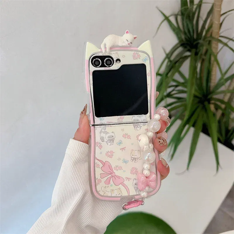 Color: Khaki, Material: Neoprene - 3D Flower Cat Bracelet Phone Case For Samsung Galaxy Z Flip 7 FE 6 5 4 3 ZFlip6 Z Flip6 ZFlip 6 Cat Ears Shockproof Cover
